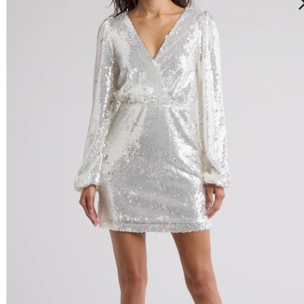Wayf White Sequin Long Sleeve Mini Dress